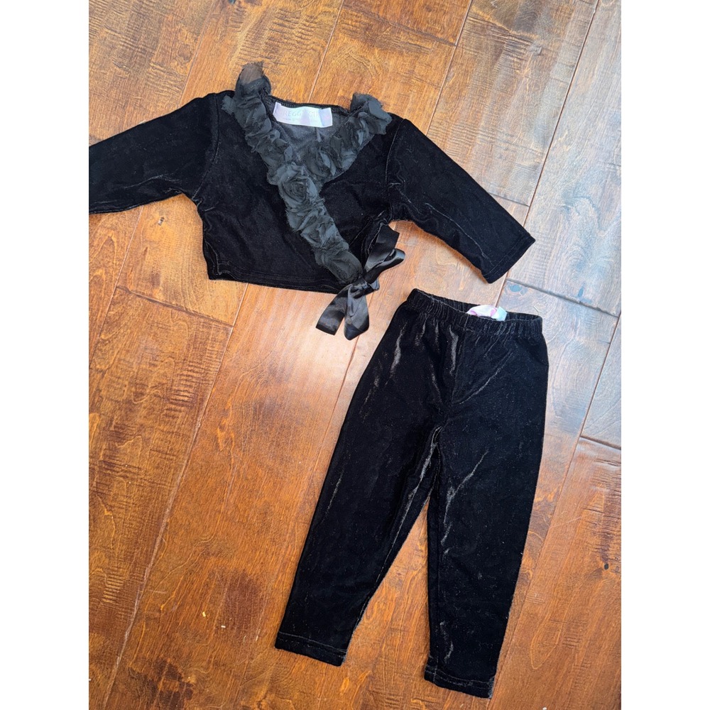Greggy Girl Toddler Black Velvet Rosette Wrap Top and Leggings Set 24M